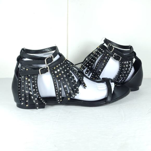 Saint Laurent Women's US8,5 EU39 Black Leather Studded Fringe Gladiator Sandals - Picture 9 of 16